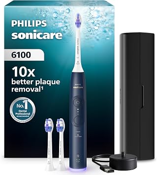 Philips Sonicare 6100 Electric Toothbrush, Sonic Toothbrush with 2 Brushing Modes and 3 Intensity Levels, Pressure Alert, EasyStart, SmarTimer, Travel Case, Navy, Model HX7403/01 [New Technology]