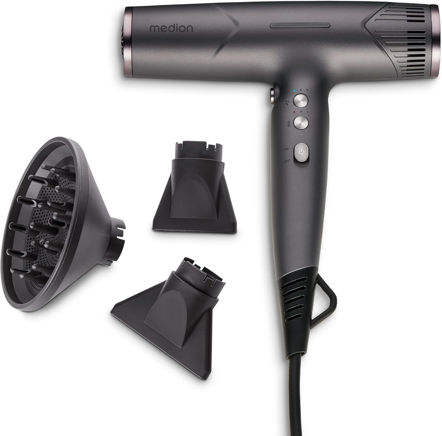 MEDION HD2 haardroger (ionische technologie, 1.500 watt, veelzijdige opzetstukken voor diffuser en stylingmondstukken, duurzame BLDC motor, zelfreinigende functie, lang netsnoer) grijs