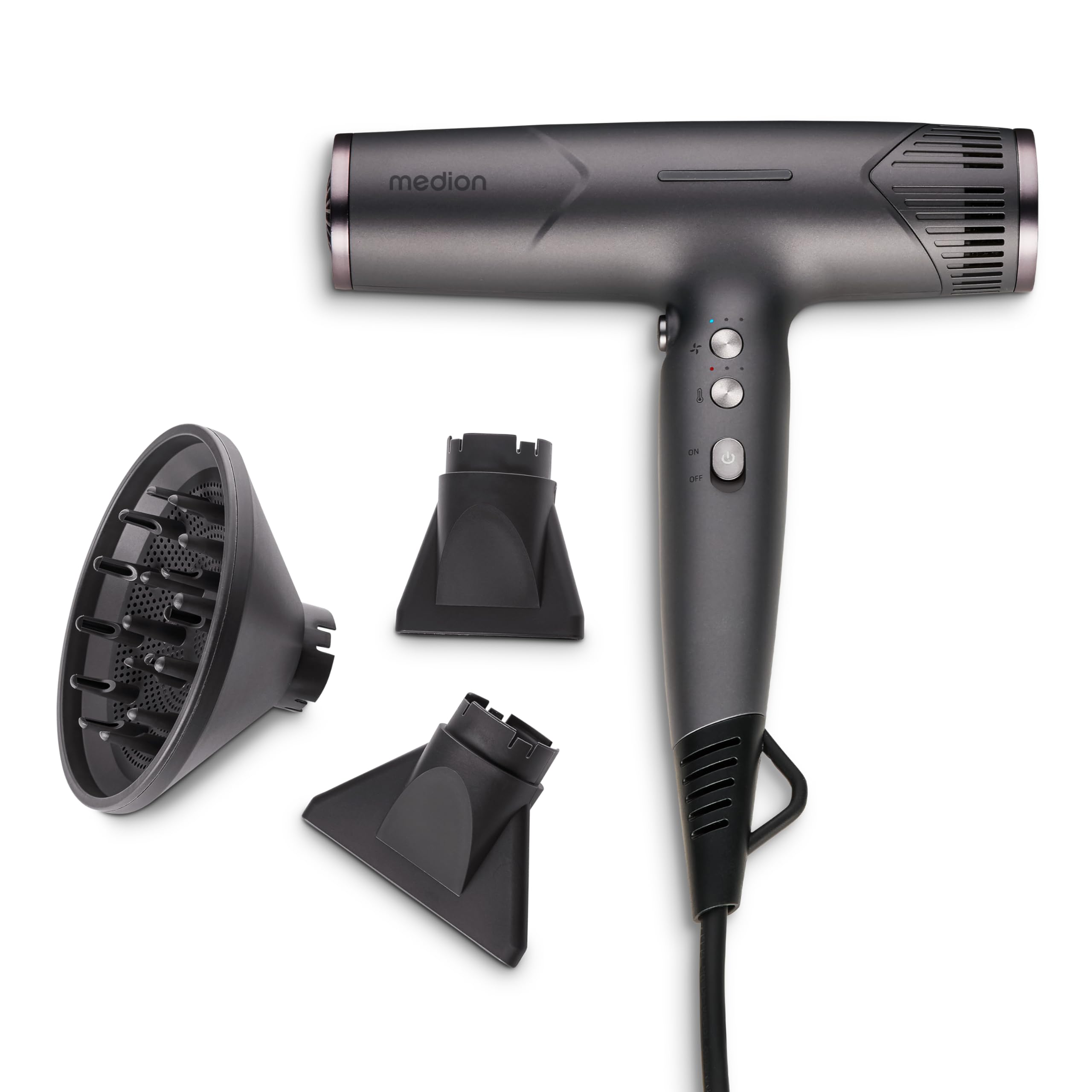 MEDION HD2 Sèche-cheveux (technologie ionique, 1 500 watts, embouts polyvalents Diffuseur & Buse de styling, moteur BLDC longue durée, fonction autonettoyante, long cordon d'alimentation) gris