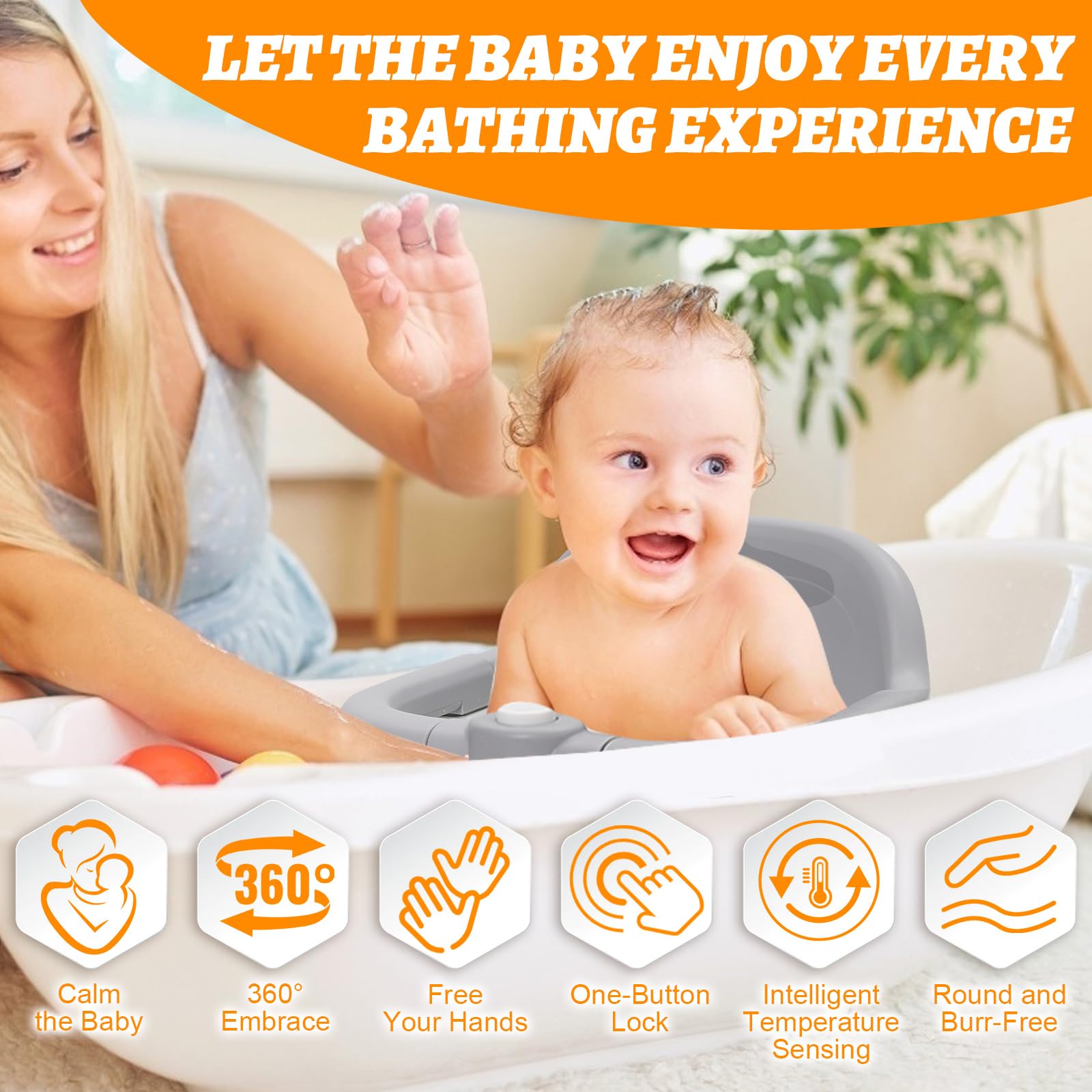 Siege de Bain pour Bebe de 6 Mois et Plus, Anneau de Bain Bébé avec 4 Ventouses Puissantes,Antidérapante, Installation Facile,Portable,Transat de Bain de 6 à 24 Mois,pour Douche ou Baignoire(Gris)
