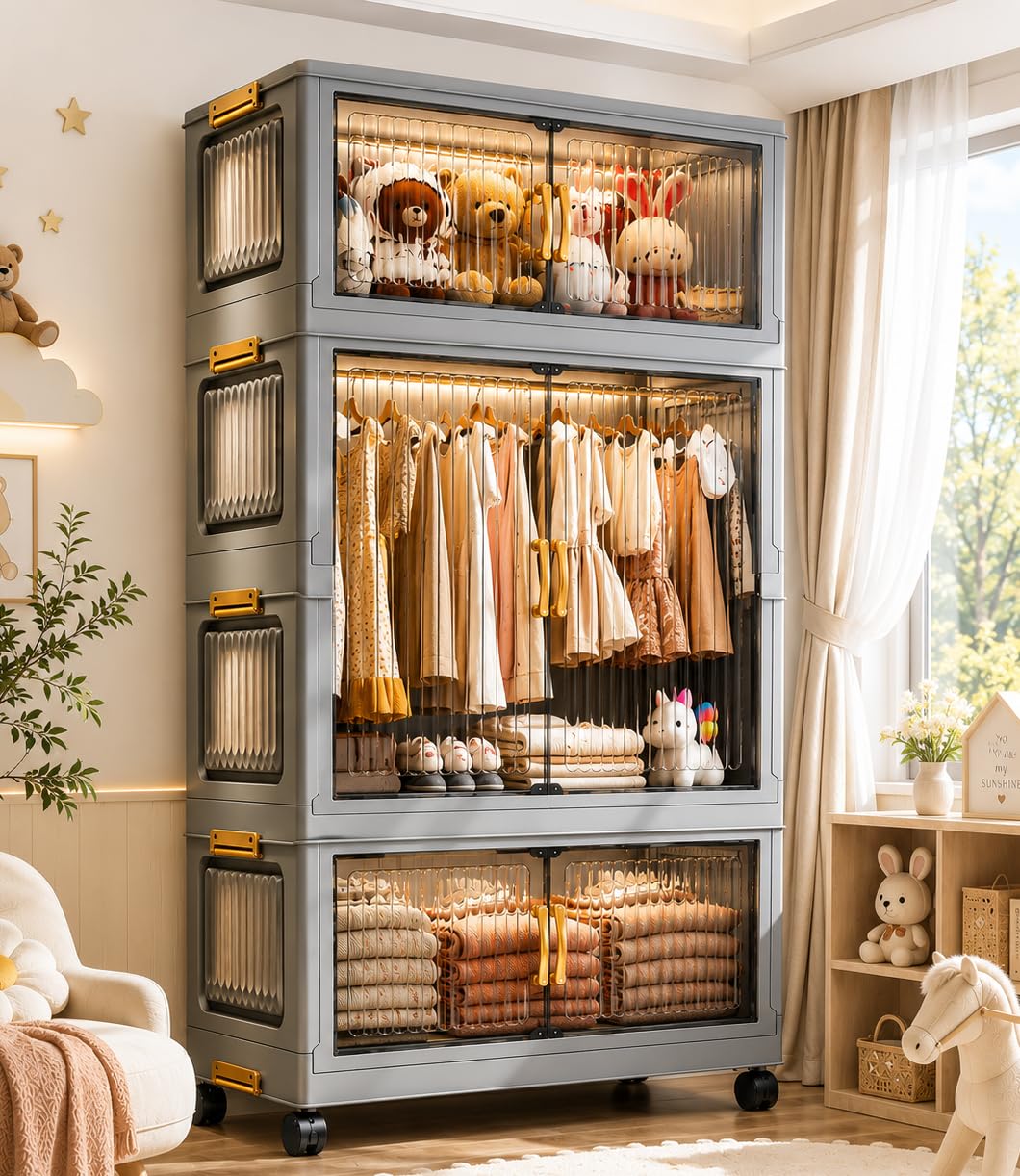 EXVITO Modular Plastic Wardrobe for Bedroom | 2 Tier+1 Bins Foldable Cupboard with Hanging Rod | Stackable Storage Almirah for Clothes with Wheels | Multi-Layer Plastic Storage Cabinet - Grey-image-42