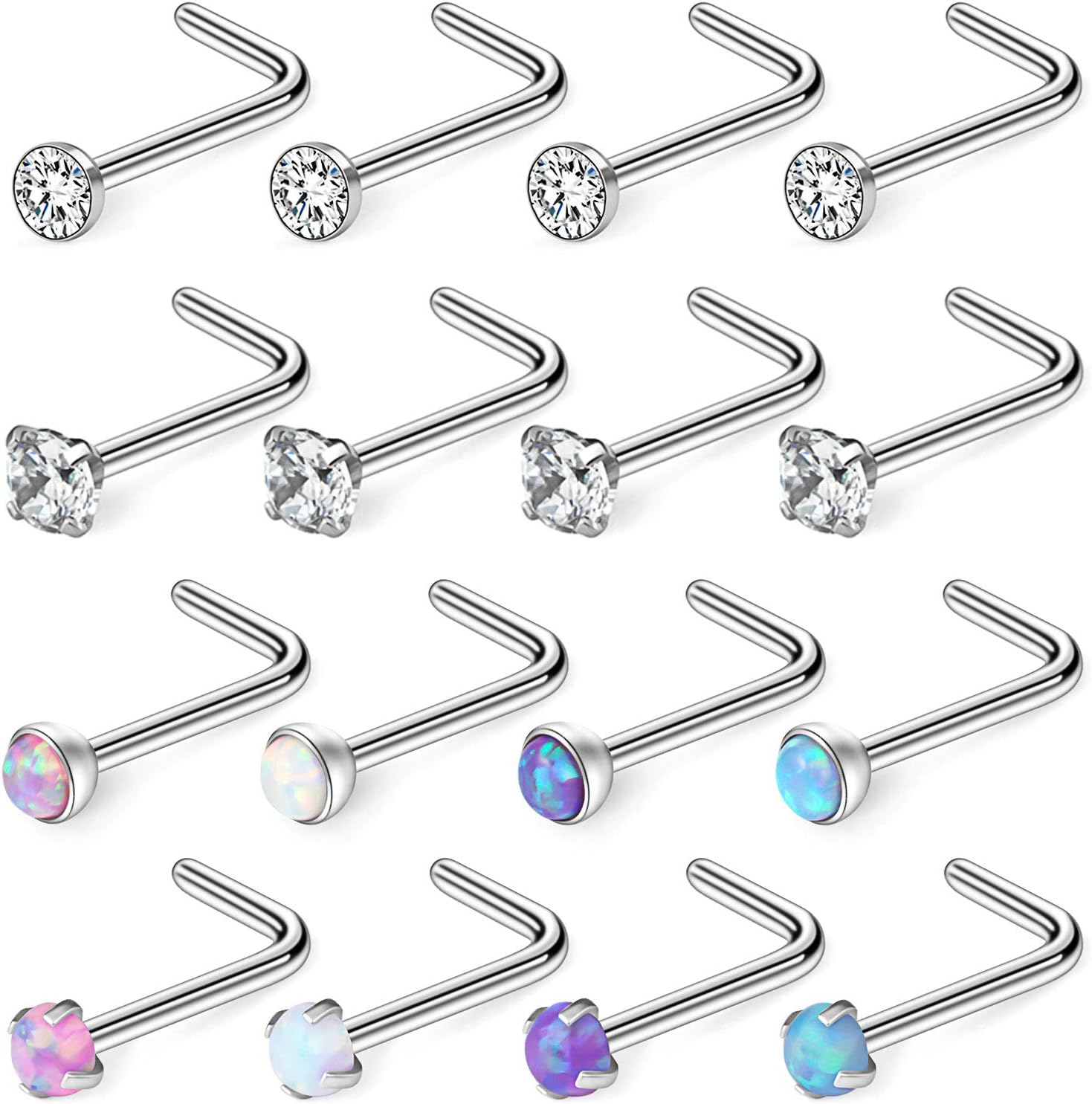 Ruifan 18G 316L Surgical Steel 1.5mm 2mm 2.5mm 3mm Jeweled Opal & Clear CZ Nose L-Shaped Rings Studs Ring Body Piercing Jewelry 8-16PCS