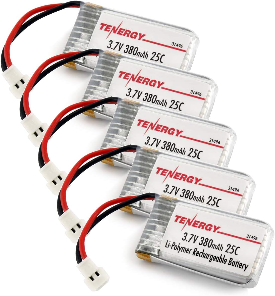 Tenergy 5pcs 3.7V 380mAh LiPO Battery for Hubsan X4 (H107C, H107D), Syma X11 X11C, TDR Spider, Holy Stone F180C HS170