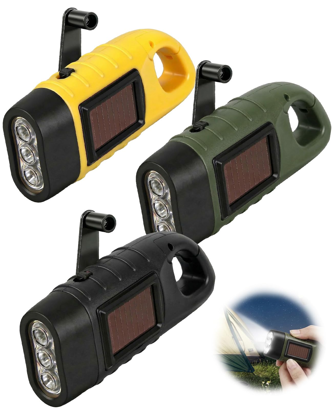 Hommova Green, Black, Yellow 3 Pcs Wind Up Torch, Portable Hand Crank Solar Powered Emergency Torch With Carabiner Clip For Camping, Hiking, Outdoor Activities