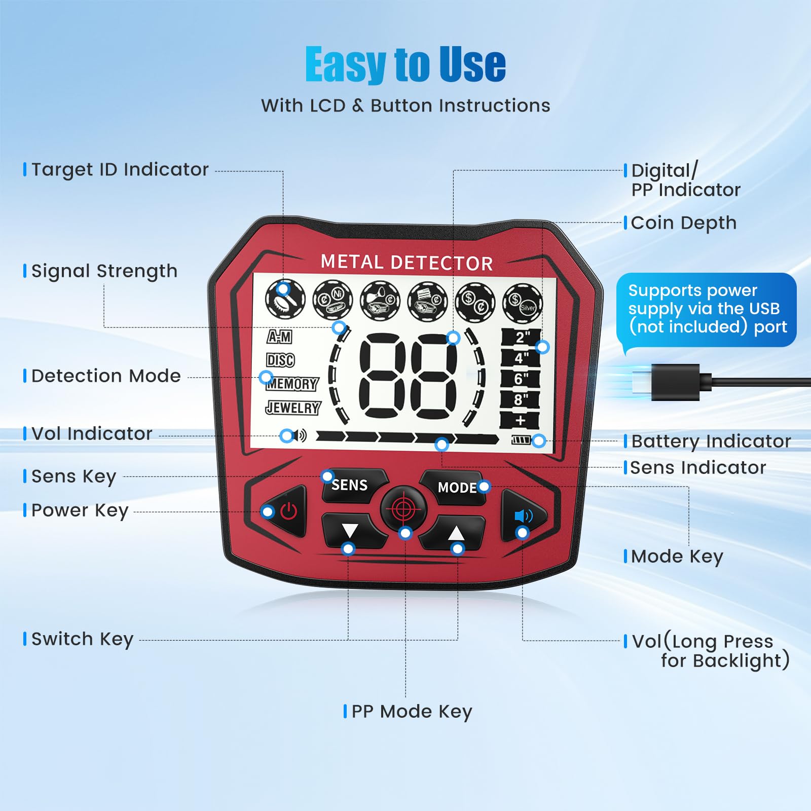 Detector de Metales Profesional para Adultos y niños, Chip antiinterferencias, Resistente al Agua IP68, soporta batería y alimentación USB, 5 Modos de detección (Rojo)