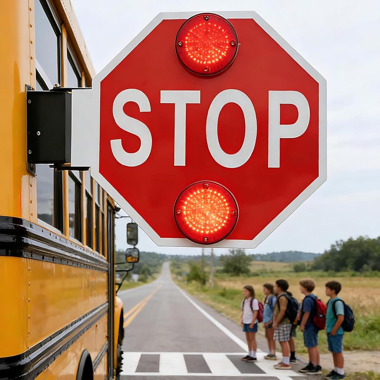 18" Reflective Stop Sign for School Buses | LED Flashing Warning Sign | Automatic Retractable 12V Traffic Safety Tool