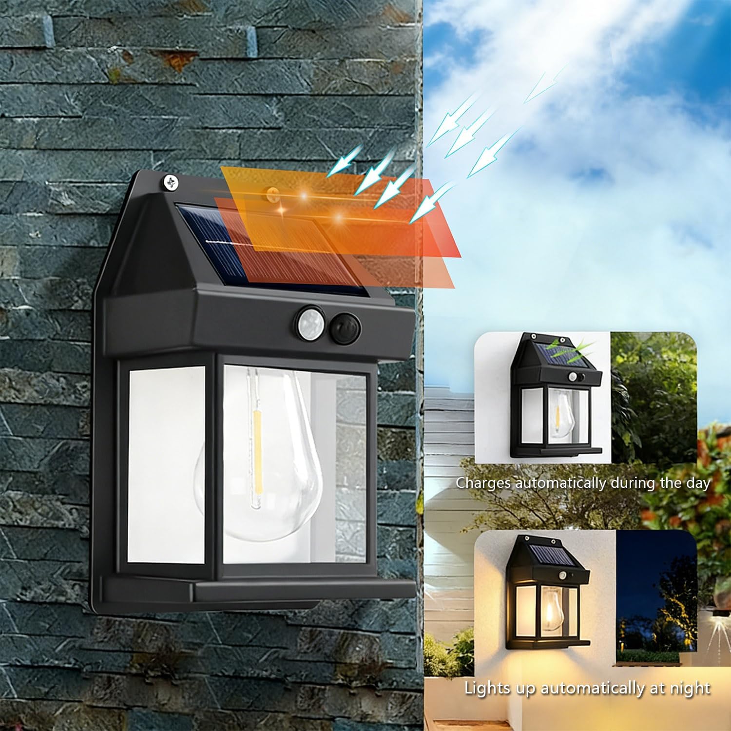 4 Pack Solar Wall Lights Outdoor with Motion Sensor, Vintage Solar Wall Lanterns, Dusk to Dawn IP65 Waterproof Solar Lights for Porch Patio Garage Fence Yard Garden (4, Black)