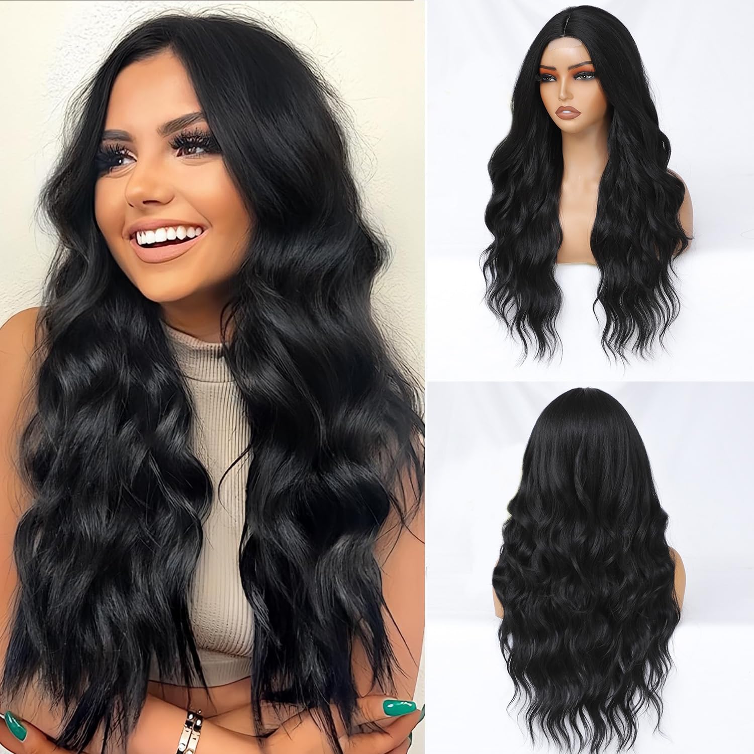 Black Wig for Women Long Wavy Black Wig Middle Part 26 Inch Wigs Heat Resistant Synthetic Wig for Daily Use