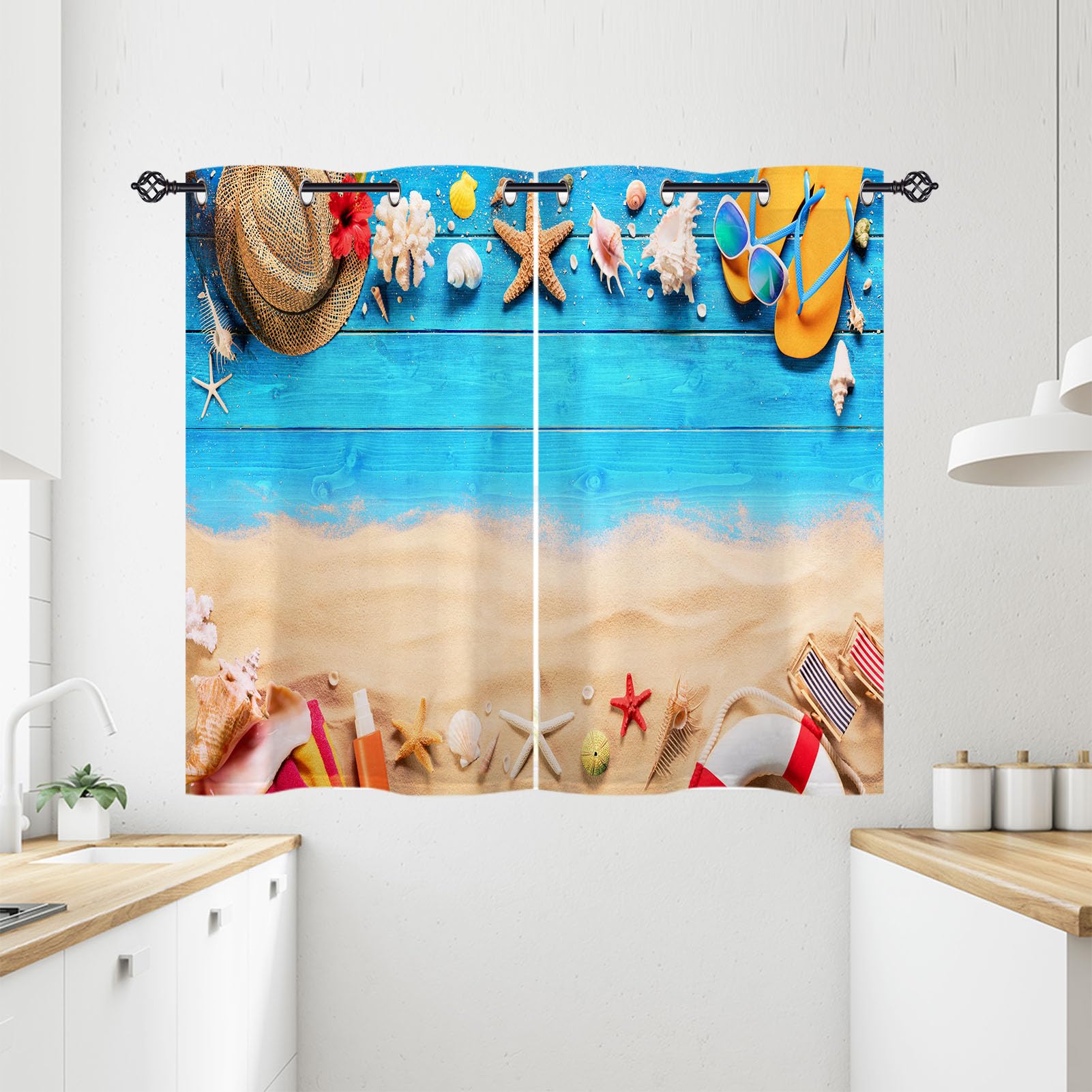 ANHOPE Beach Curtains Eyelet Ring Top Soft Thermal Insulated Blackout Curtains Blue Wooden Plank Sand Print Pattern Decorative Window Drapes for Bedroom Living Room 28 x 54 Drop Inch 2 Panels — image 1