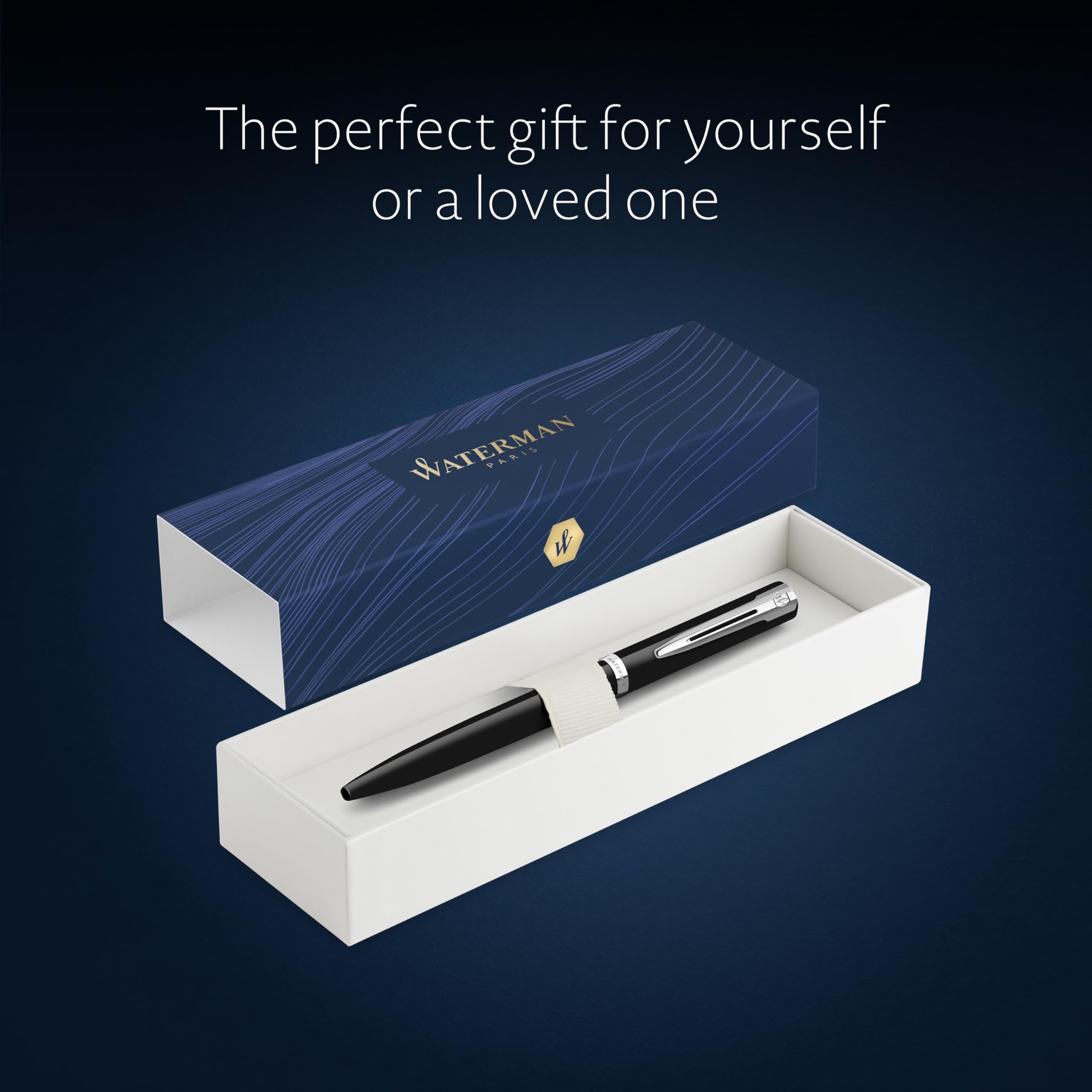 Waterman Impression Penna a sfera | Punta media con ricarica inchiostro blu | Lacca nera con finiture placcate in palladio | Confezione regalo