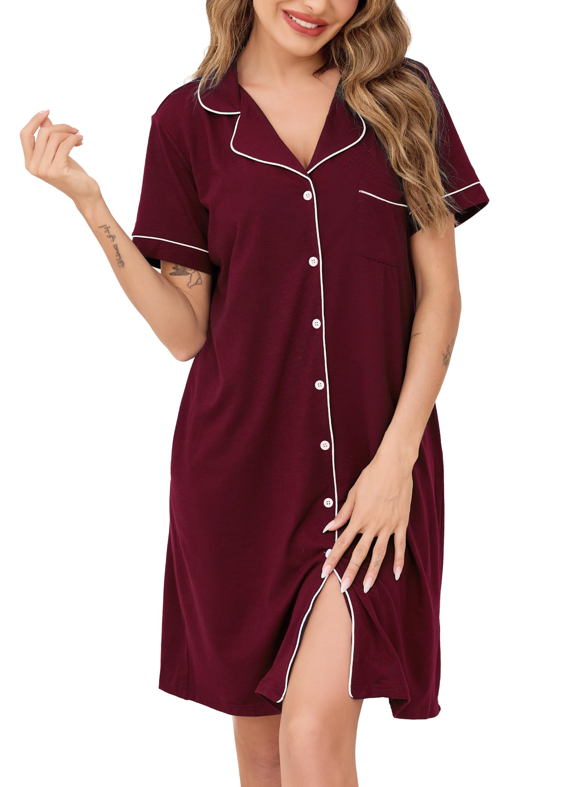Wikoan Damen Nachthemd Kurzarm Baumwolle Nachthemd mit Knopfleiste Schlafshirt V-Ausschnitt Nachtwäsche Sommer Stillnachthemd Sleepshirt S-XXL