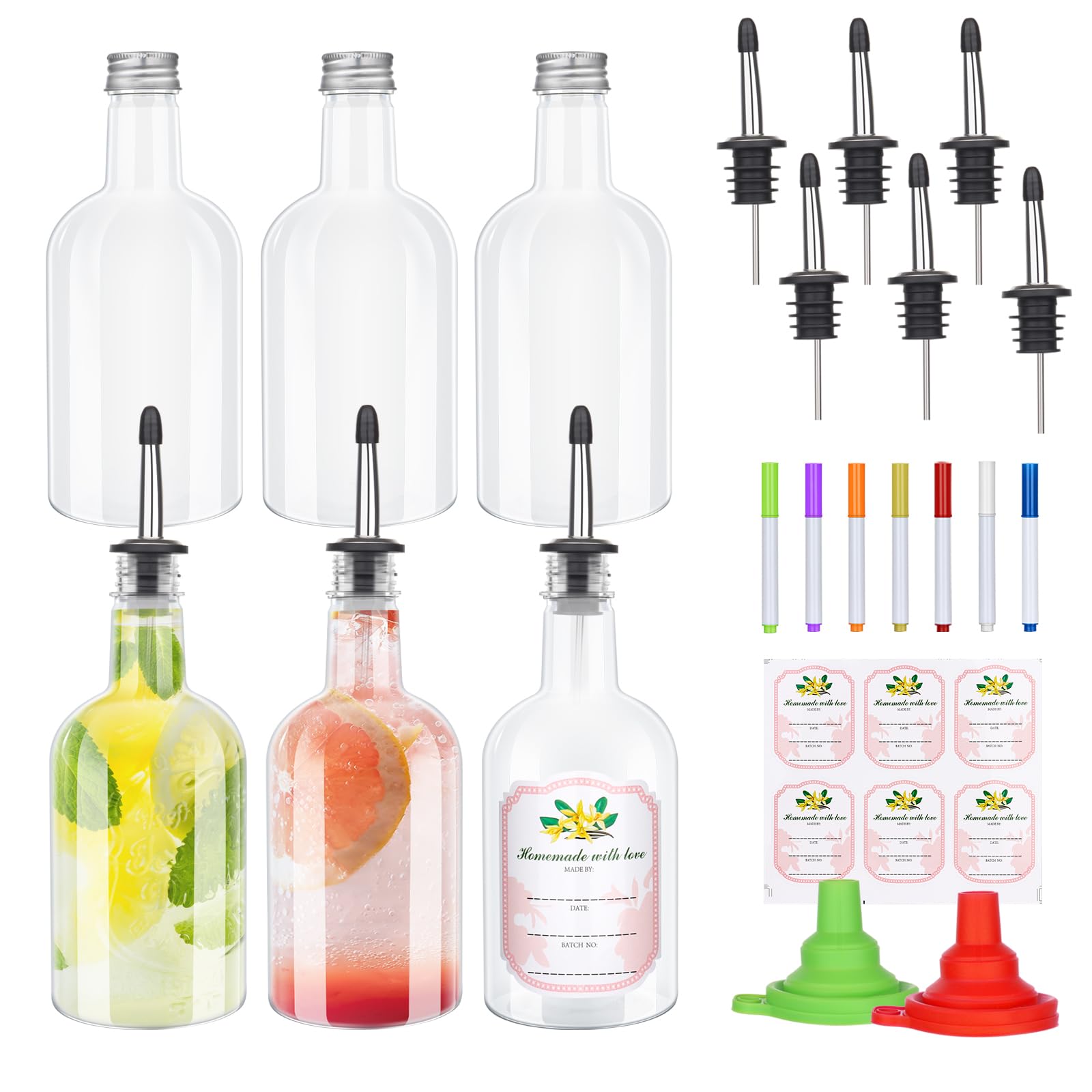 12 juegos de botellas de plástico de cuello largo de 16 onzas con boquilla de vertido de licor y tapas, botellas de jugo con vertedor de botellas de acero inoxidable para licor, jarabe, bar, fiesta