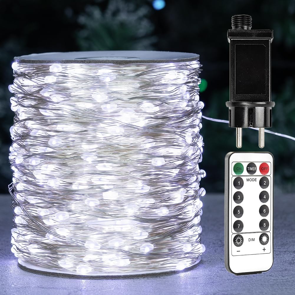 ZELUXDOT Luces de hadas blancas frías de 200m de largo, luces LED de cadena con alambre plateado, 2000 LED, 8 modos para bodas, interiores, exteriores,árbol de Navidad,porche,decoración de jardín.