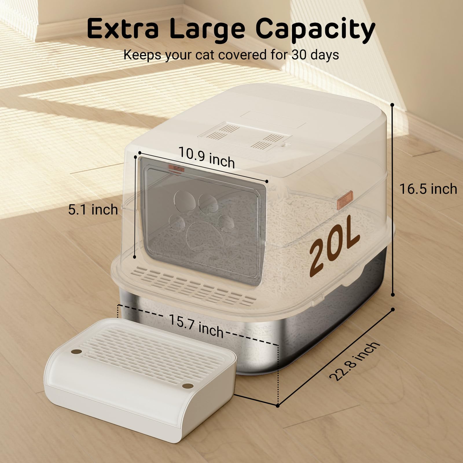 iPettie S01 20L Large Stainless Steel Litter Box, Odor-Reducing Smell Proof Charcoal Filter, Enclosed with Cat Litter Scooper, Easy to Clean, Metal Litter Box with Lid - image 5