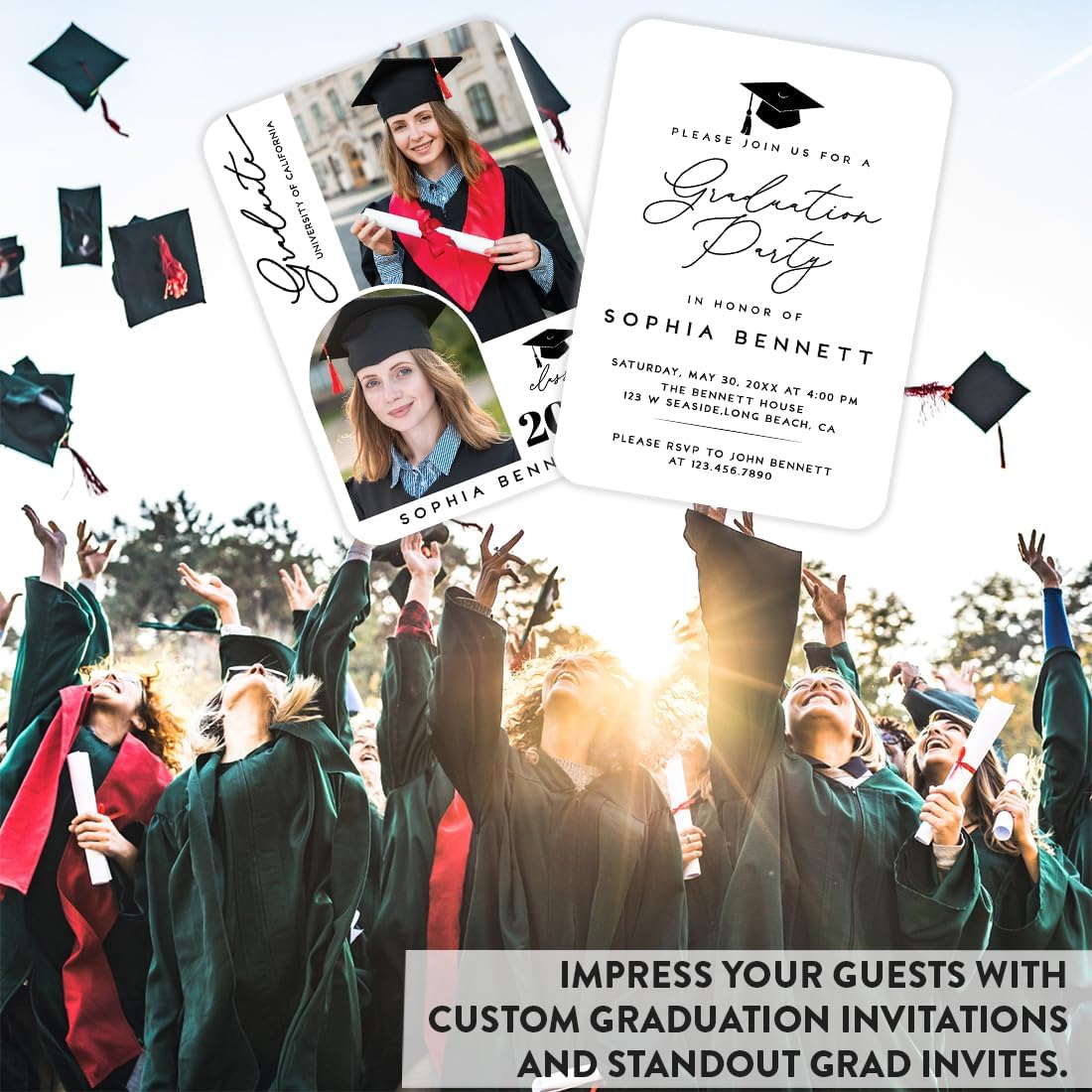 Andaz Press Personalized Graduation Invitations 2026 With Self Seal Envelopes, Graduation Announcements 2026, Custom 2 Photo Collage Party Invitations for High School College, 24 Pack, 7x5 Inches