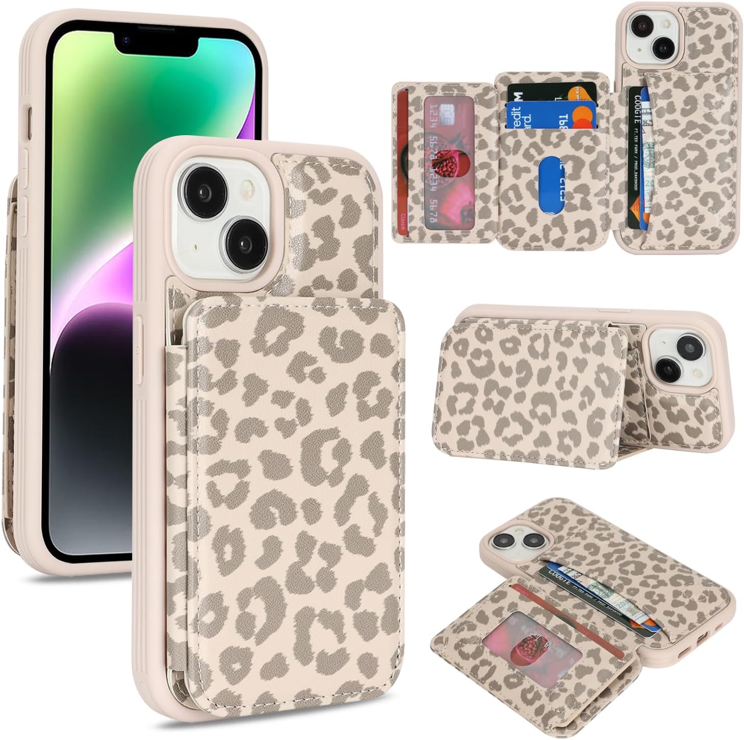 Cavor Compatible with iPhone 13 Wallet Case with Card Holder, Credit Slots Kickstand Stand Phone Case for Women Men, PU Leather Protective Case-Beige Leopard