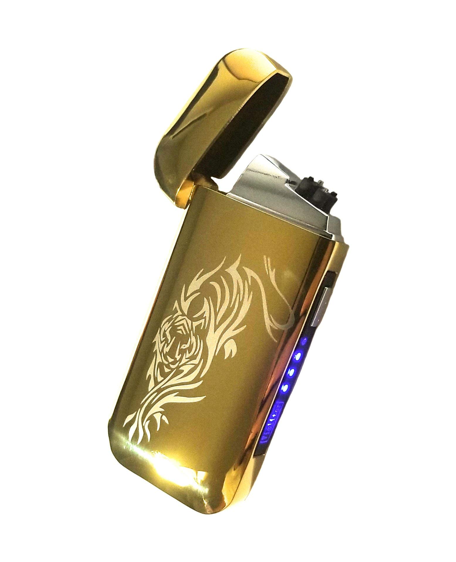 VizliterElectronic Dual Arc Plasma Lighter, Rechargeable, Flameless, Elegant Slick Design, Windproof and Splashproof Gold Tribal Tiger
