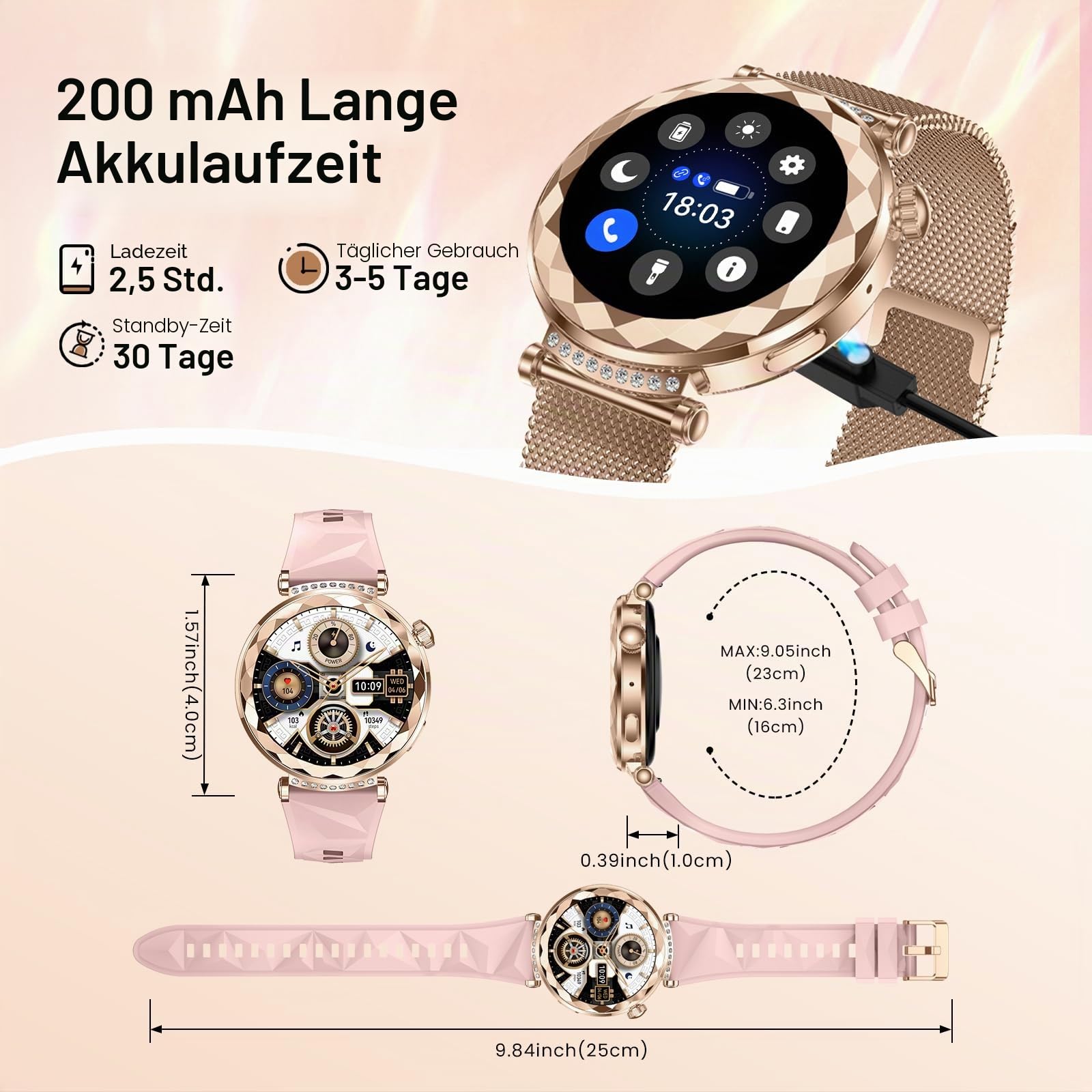 Smartwatch Damen, AURORA Ultradünn 1.19" Touchscreen - Bluetooth Anrufe, 200mAh 100+ Sportmodi, SpO2, Pulsuhr, Schlafmonitor, Schrittzähler, IP68, Kompatibel Sportuhr Damenuhr mit Android/iOS