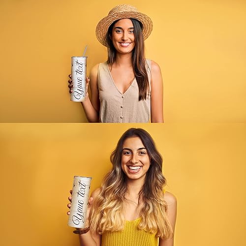 Miniatura 6 de Vaso delgado personalizado con texto y fotos, vasos de acero inoxidable de doble pared de 20 onzas con tapa y pajitas, taza de café personalizada