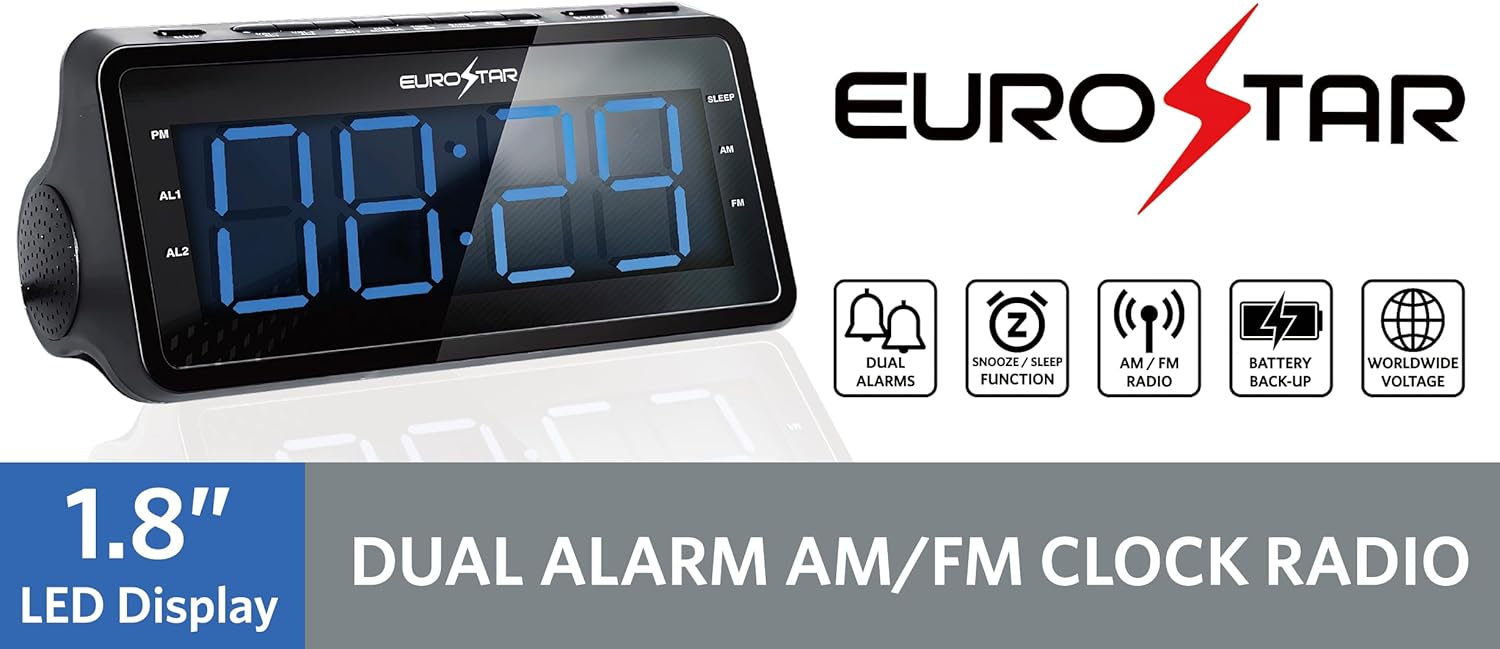 EUROSTAR CR9018 Dual Alarm AM/FM Clock Radio, Black