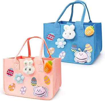 Aviski 2PCS Easter Egg Hunt Bags, Easter Bunny Gift Bags with Handles, Easter Treat Bags, Felt Easter Bags for Gifts Wrapping, Egg Hunt Game, Easter Party Supplies, 12" x7.8" x6.8"Pink + Light Blue
