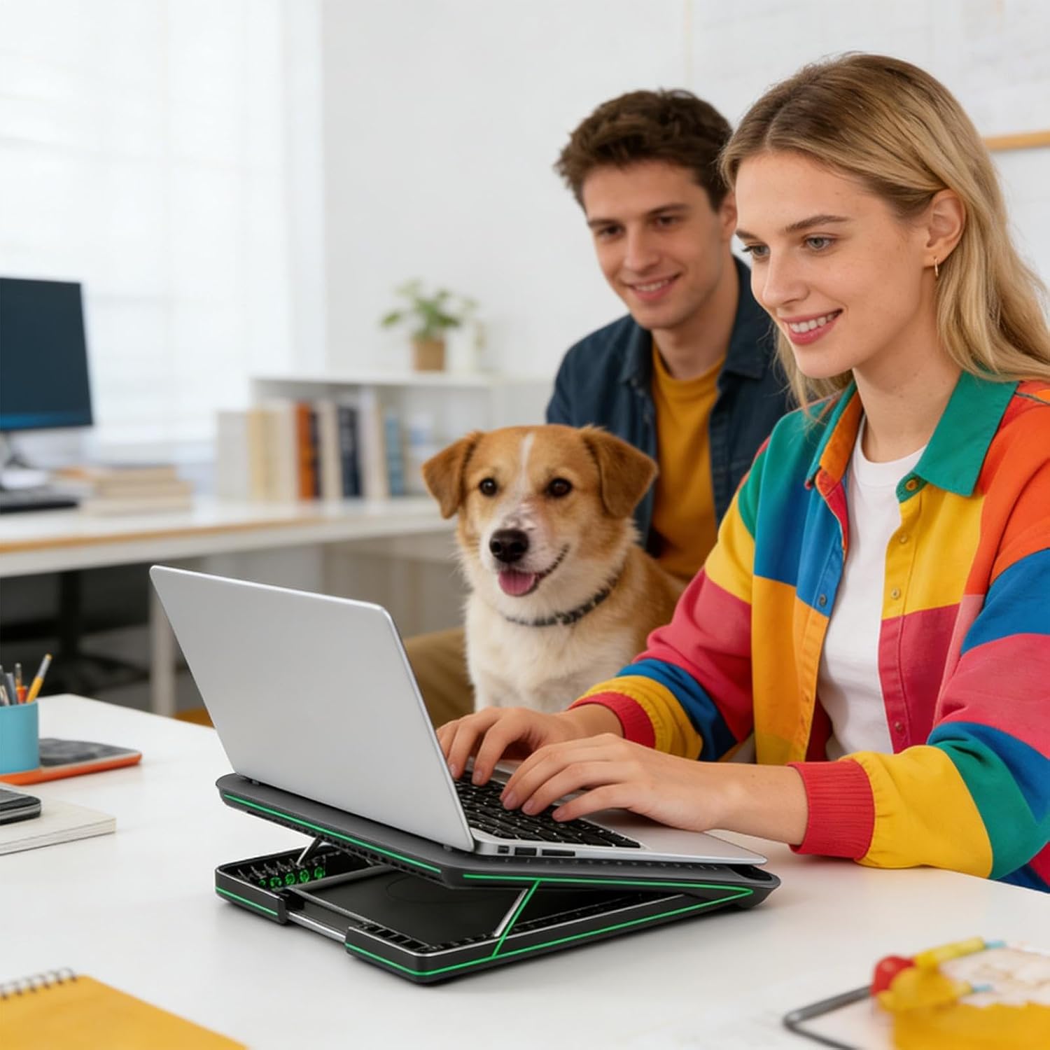 Laptop Fan Cooling Pad - Adjustable Riser Station, Aluminum Alloy Cooling Stand with Silent Fans, with Ergonomic Design for Laptop Computer Desk Keyboard Tablet Book Home Workplace Dorm Apartment,