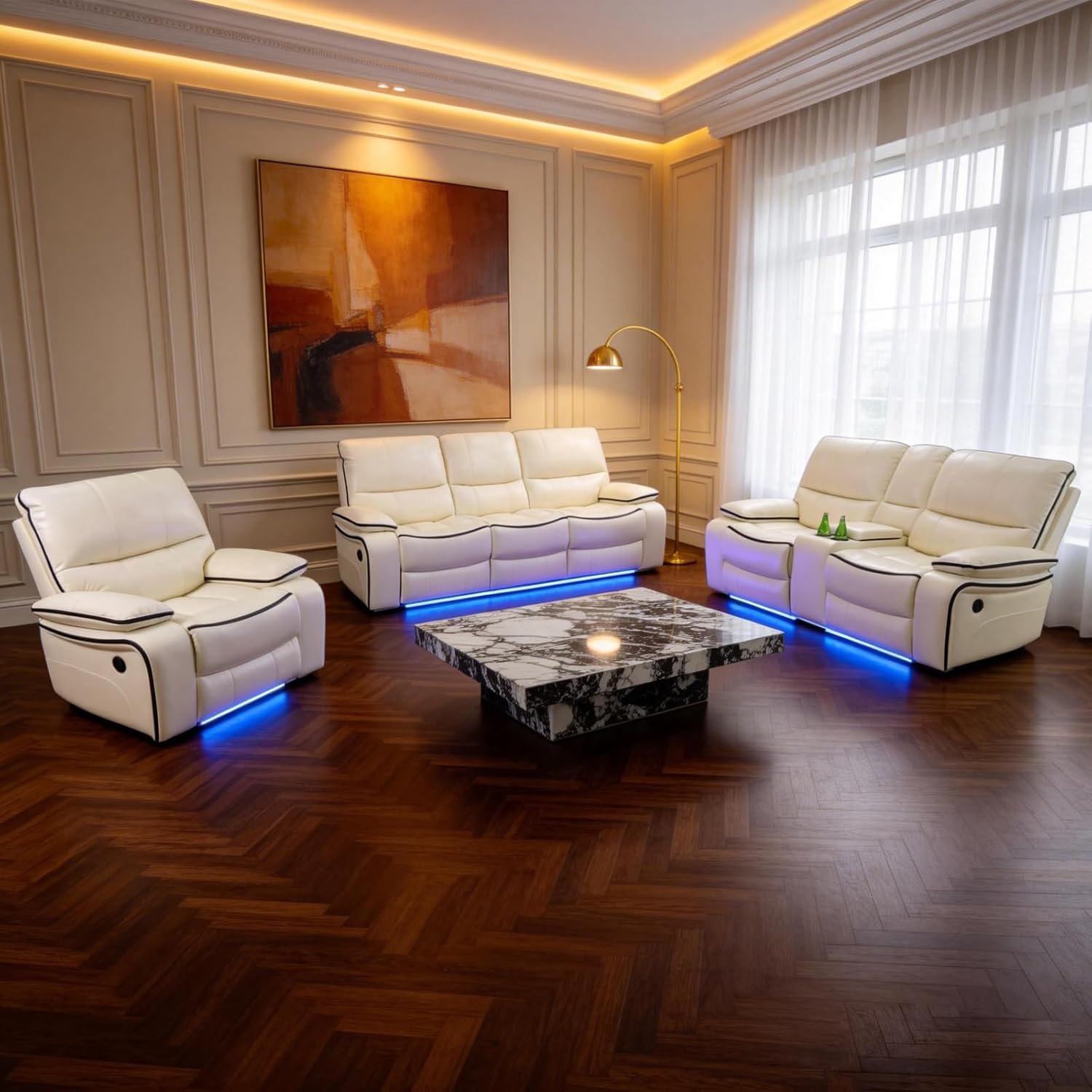 3 Pieces Power Reclining Sofa Set, Leather Recliner Couch Sets for Living Room Furniture, Sectional Sofa with LED Lights for Home Theater/Living Room/Office (Creamy, 3PCS Set)