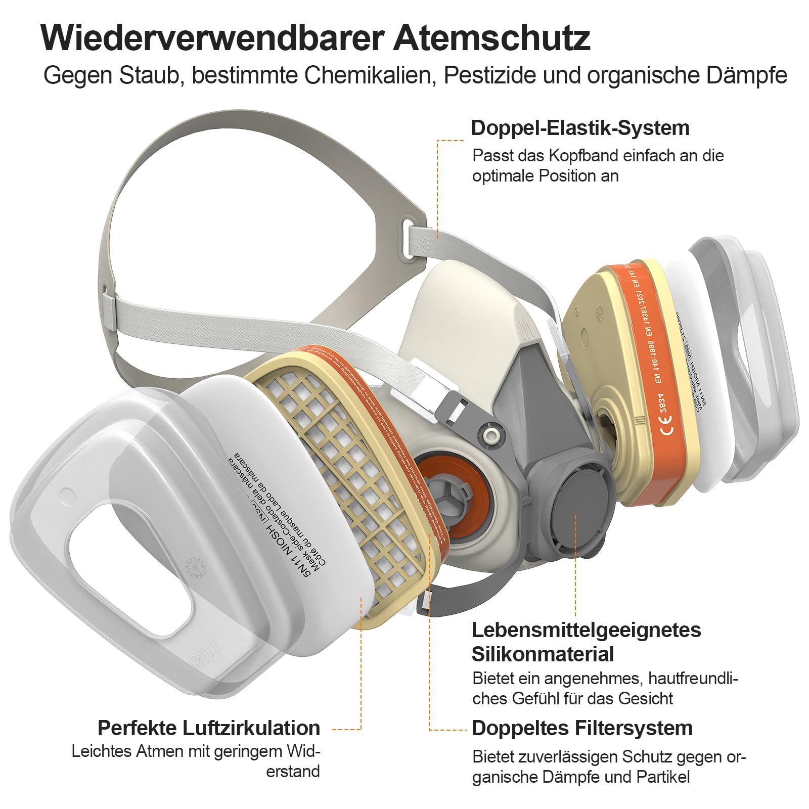 SURFOU Maschera Antipolvere con Filtro A1P2, Semimaschera Riutilizzabile con 2 Cartucce Filtro + 10 Prefiltri, per Verniciatura, Levigatura, Resina Epossidica e Spruzzatura