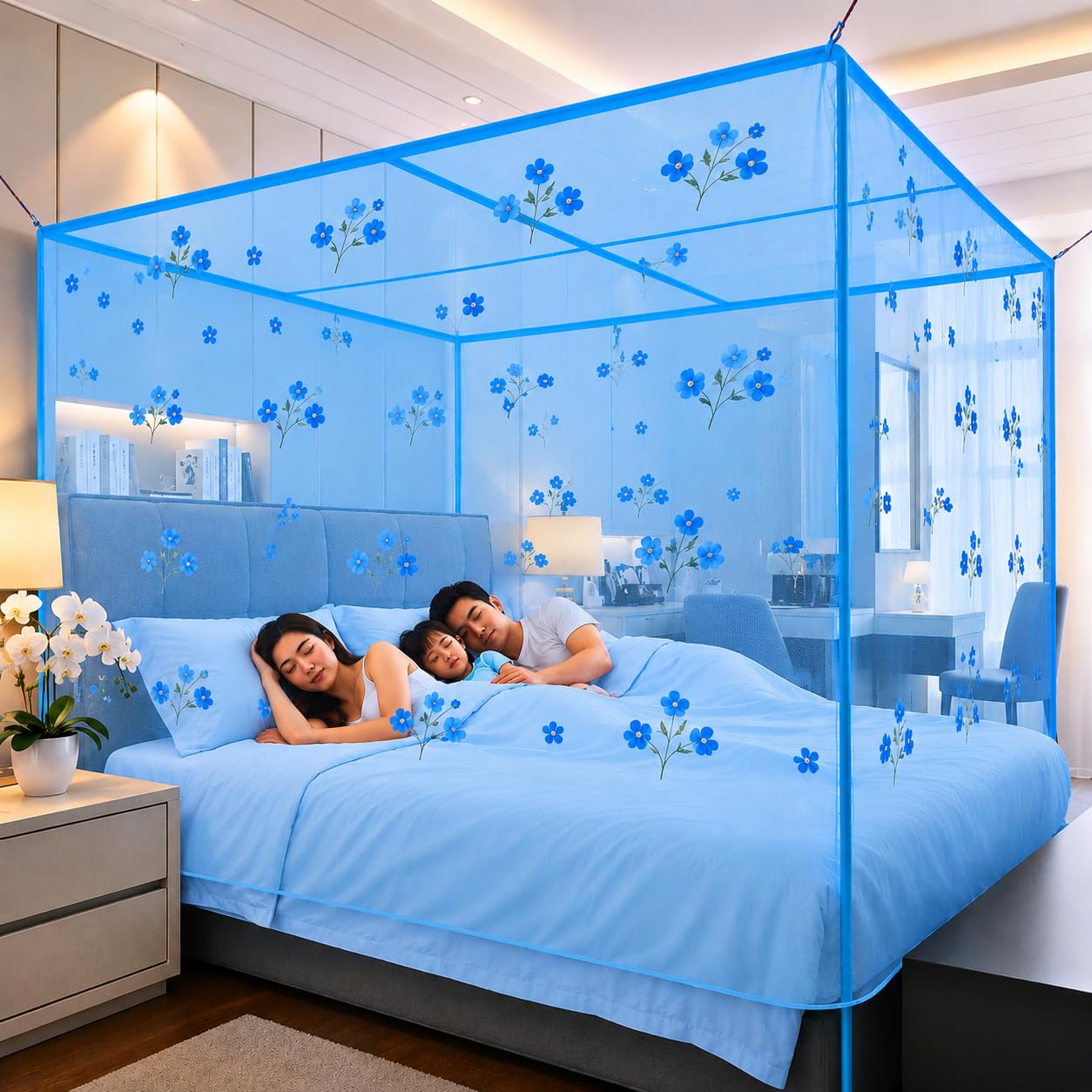 Blue Flower Print Mosquito Net for Double Bed, 6x7 Feet | Cotton-Tape Stitching, Hanging Loops Included, Square Canopy Design, Fine Mesh Netting, Family Size-image-32