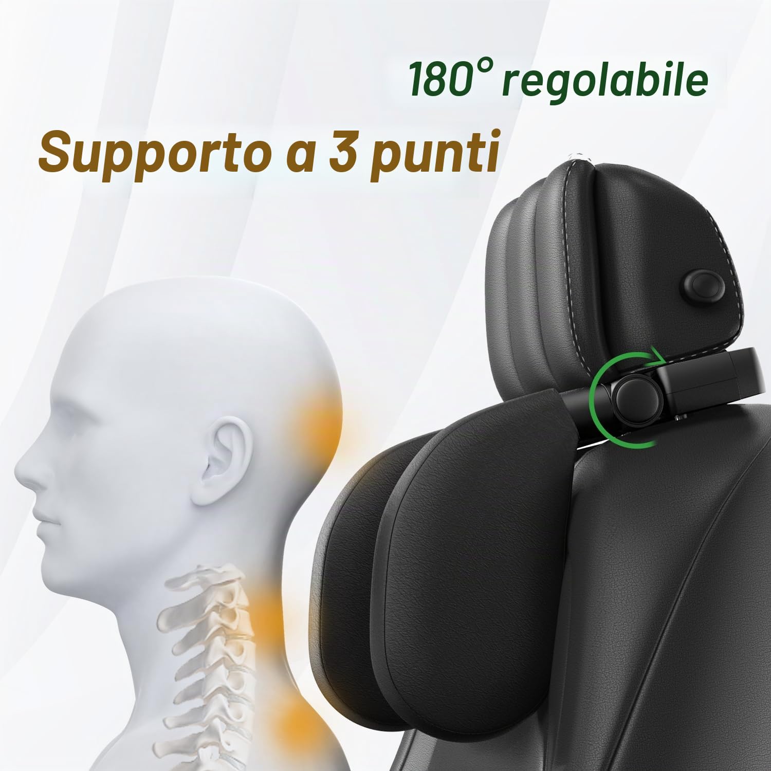 Poggiatesta auto per bambini, poggiatesta auto, in pelle traspirante, regolabile a 180 gradi, per auto, per bambini, adulti, ideale per dormire durante lunghi viaggi (nero)