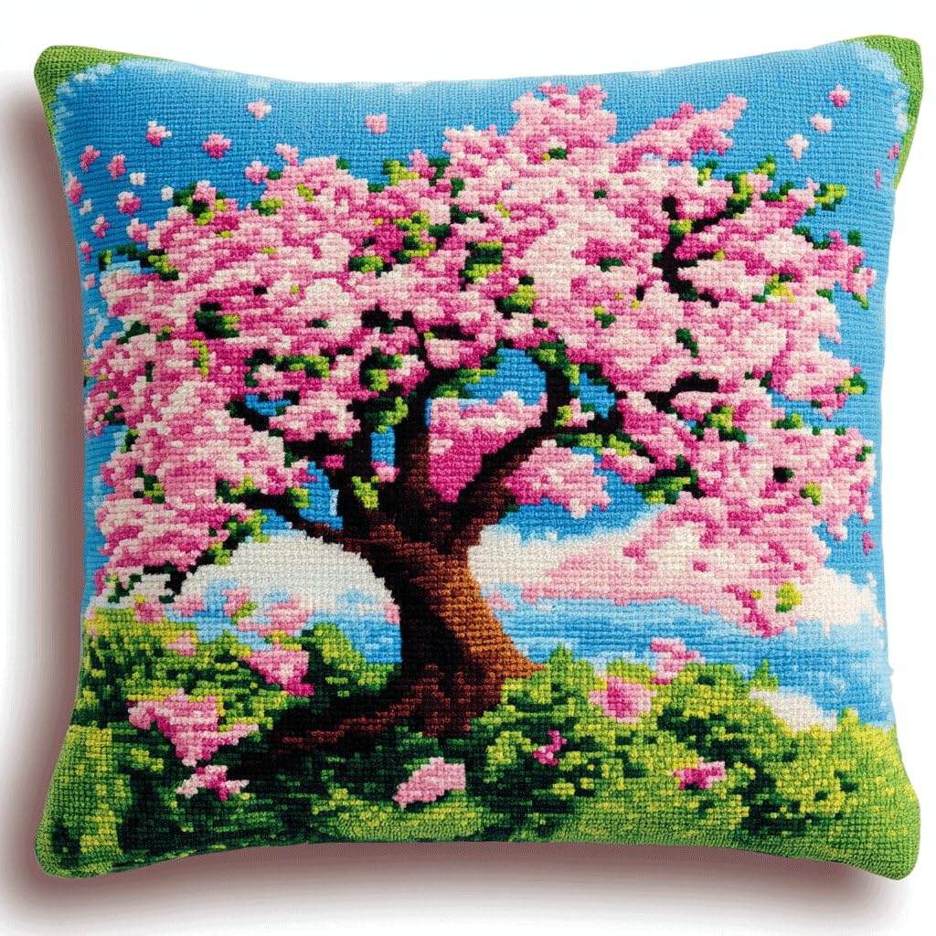 Asonglingo Pink Diy Latch Hook Pillow Kits For Adults Pillowcase With Preprinted Throw Pillow Crochet Yarns Knitted Latch Hooking Cushion 17X17inch( Flower Tree)