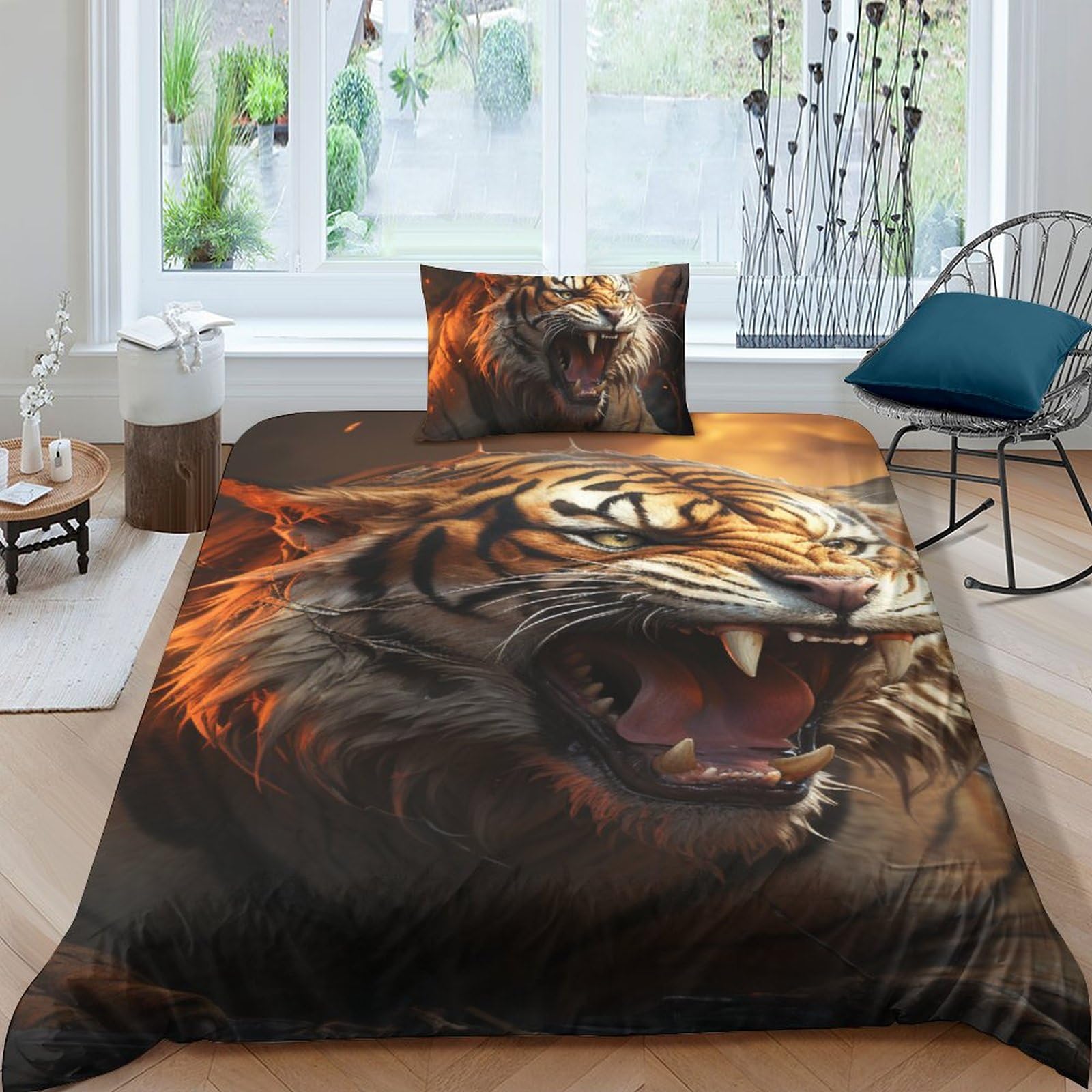 Parure de lit 3D Tigers Roaring avec couette en microfibre douce et taies