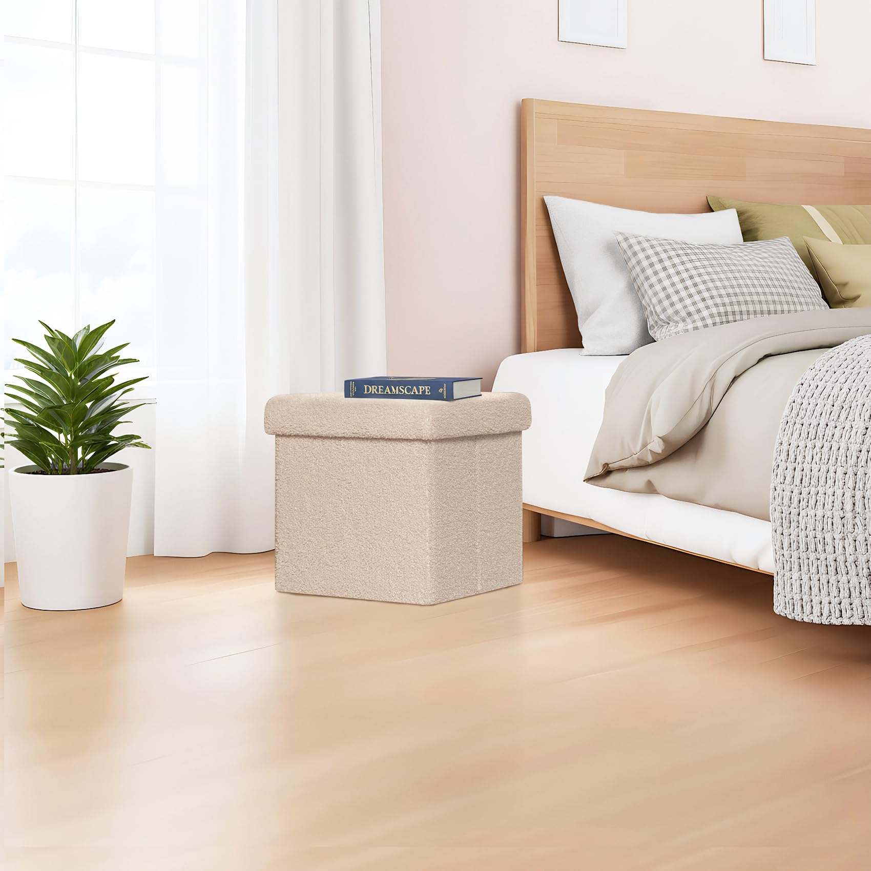 Bonlife Pouf Contenitore, Portaoggetti Piccolo Baule, Poggiapiedi Pieghevole Cubo, Cassapanca, per Ingresso, Soggiorno e Camera da Letto, Beige, 32x32x32 cm
