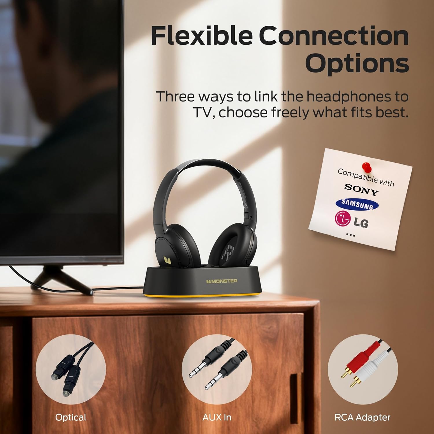 Image showing the Monster TVLink 300 headphones on their charging base, with three connection options illustrated below: Optical, AUX In, and RCA Adapter.