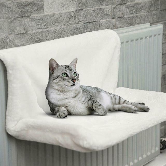 HOCHSTE Cat Puppy Pet Dog Radiator Bed Warm Fleece Beds Basket Cradle Hammock | Keeps Pet Warm| Easy to install Grey Black Cream | Heated Calming Fluffy Cradle for Small Animals Cream 1s