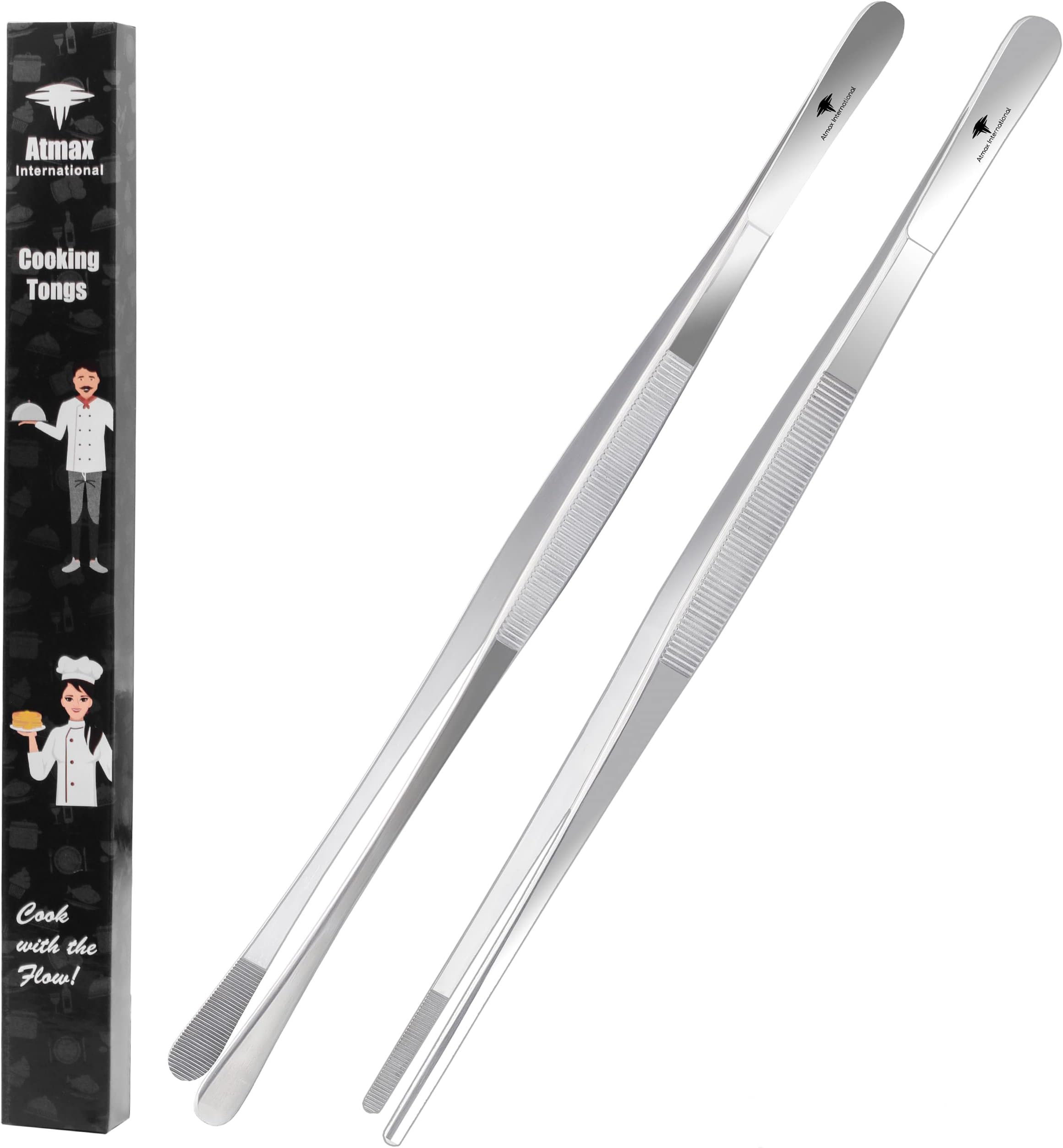 Atmax Kitchen Tweezer Tongs 12 Inches โ Stainless Steel Food Cooking Tweezers Set โ Anti Rust Long Culinary BBQ Tongs - Multi use Chef Tweezers Chopsticks for Cooking, Grilling, Plating or Barbecue