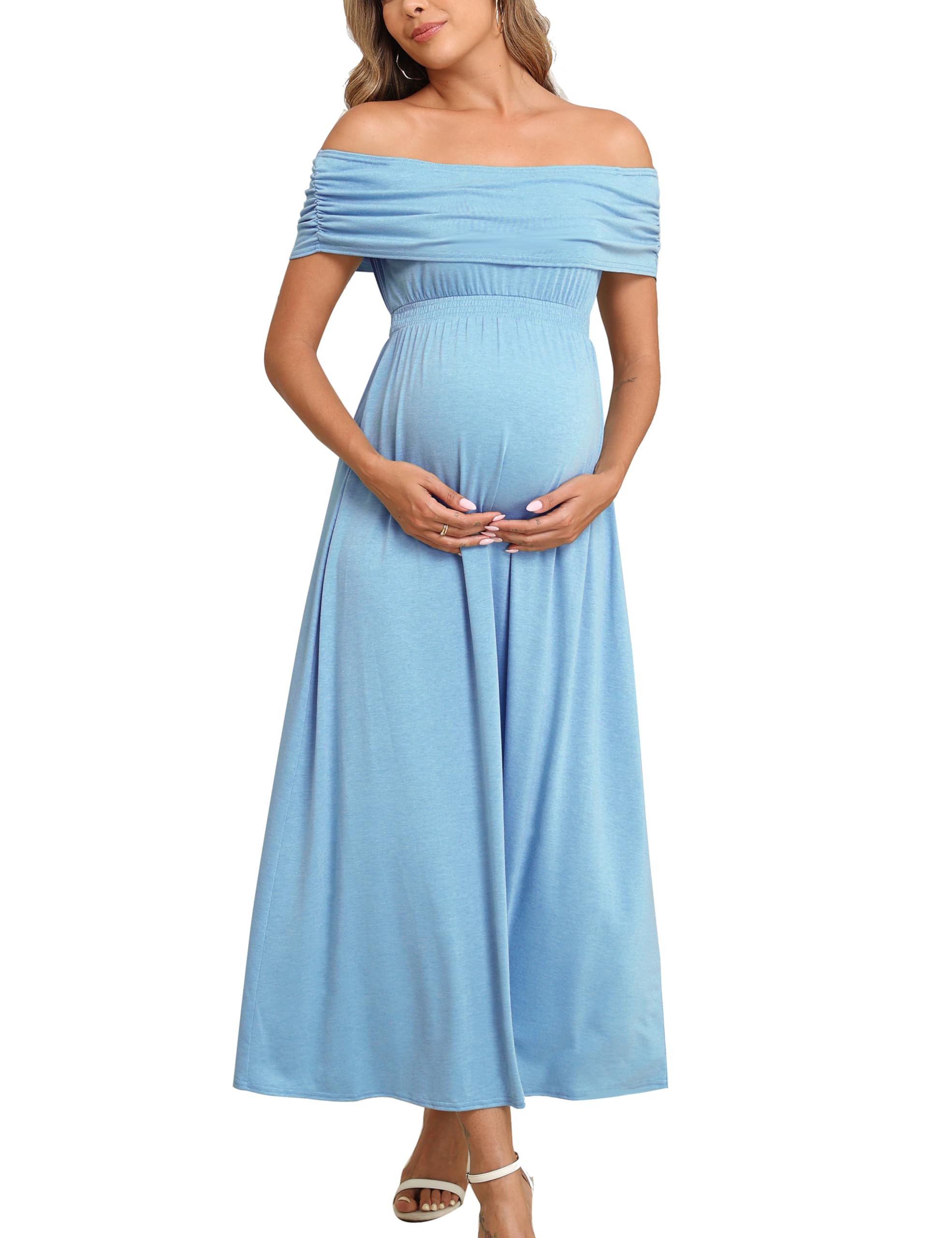 Off The Shoulder Maxi Maternity Dress for Photoshoot Baby Shower Sleeveless Casual Long Dresses, Light Blue, L