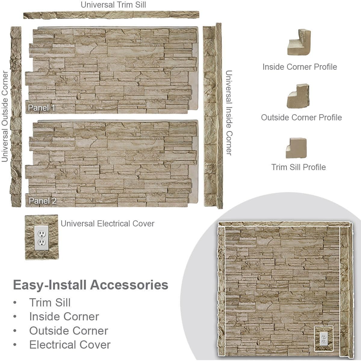 Ekena Millwork 49"W x 25 1/2"H x 1 1/4"D Acadia Ledge Stacked Stone, StoneWall Faux Stone Siding Panel, Smokey Ridge