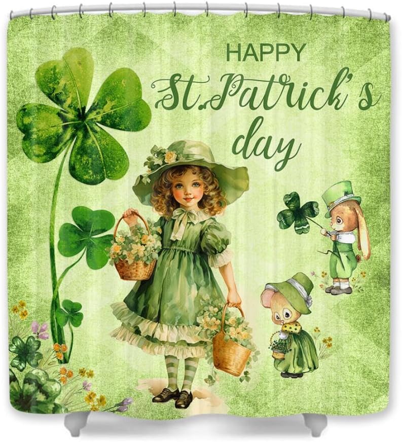 JAWO Happy St Patrick - Cortina de ducha con diseño de trébol verde vintage, con diseño de trébol verde con linda chica, juego de accesorios de baño