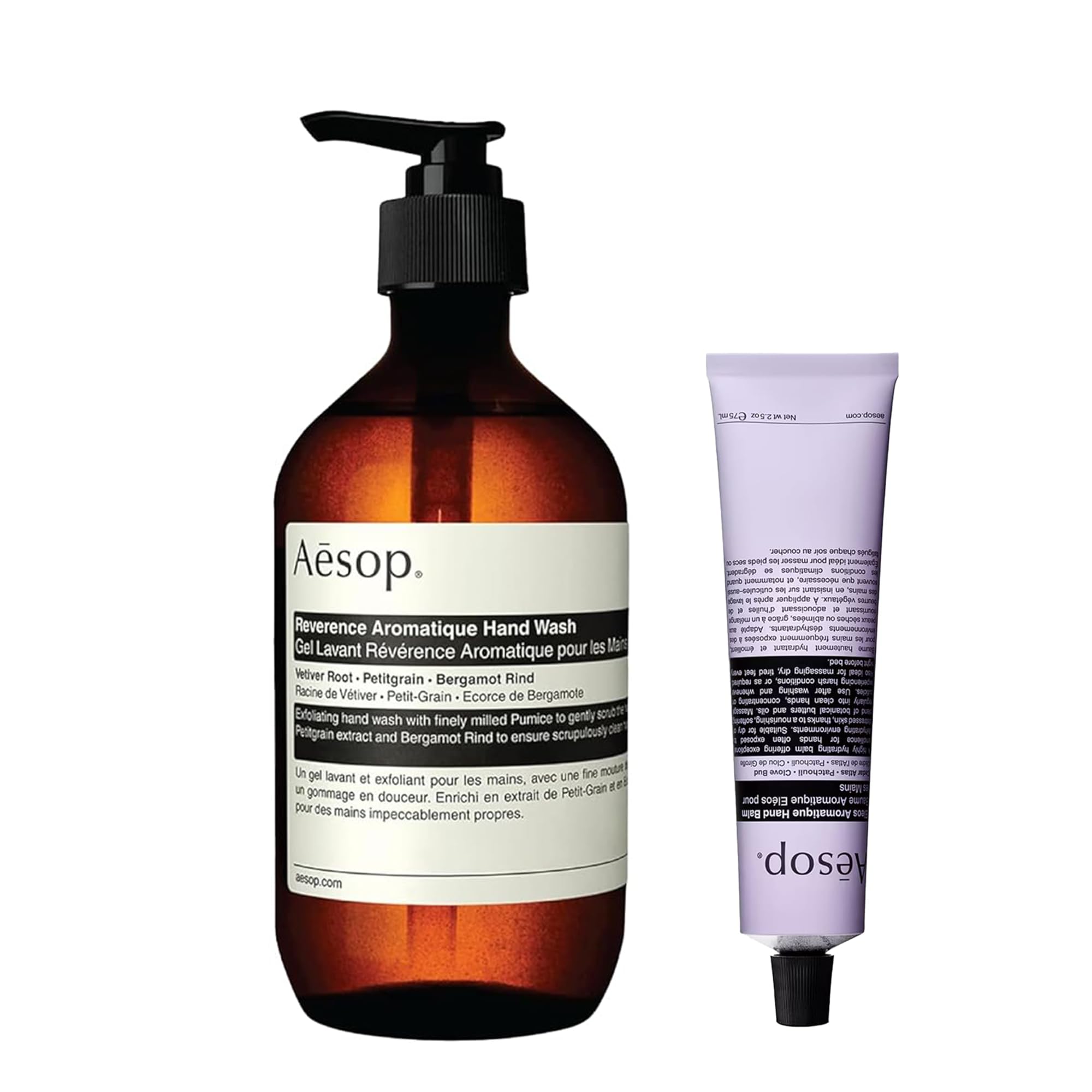 Aesop Reverence Aromatique Hand Wash (16.9 oz) + Eleos Aromatique Hand Balm (2.5 oz) | Hand Care Set to Exfoliate and Nourish | Set of 2