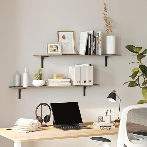 Miniatura 4 de DINZI LVJ Juego de 2 estantes largos de pared, estantes de pared de 47.3 pulgadas, repisas de almacenamiento de pared extra grandes con soportes de