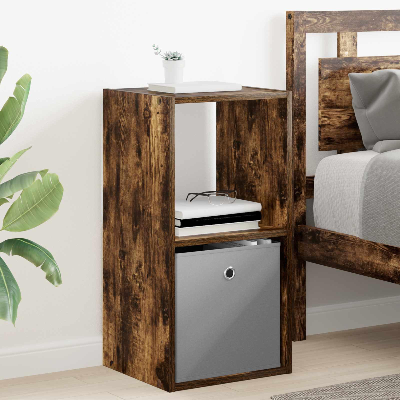 Table de chevet en chêne fumé 35x32x68,5 cm avec tiroir et étagère de rangement pour chambre