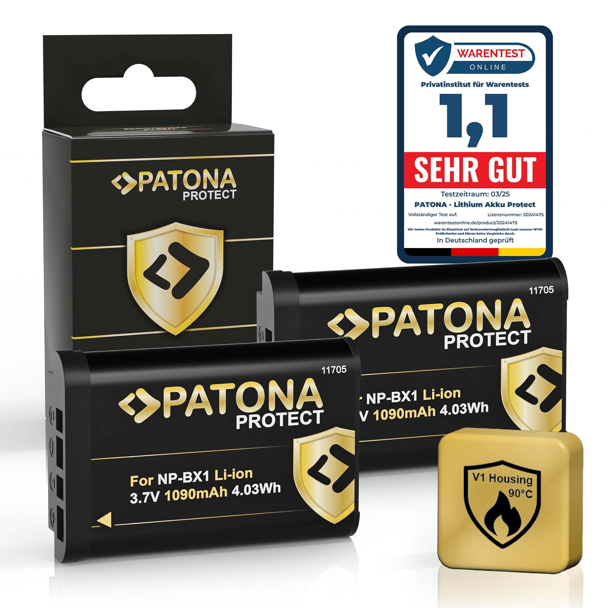 PATONA 2X Protect NP-BX1 Batterie 1090mAh – Remplacement pour Sony NP-BX1 – pour CyberShot DSC-RX100 II III IV V VI VII, HX50 HX60 HX80 HX90 HX99 HX400V WX500 – Double