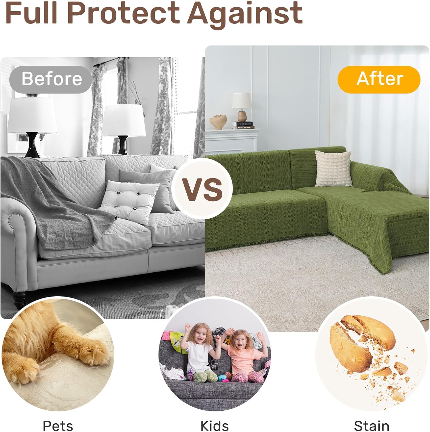 Sectional Couch Covers 2 Pieces with Herringbone Pattern, Washable L Shaped Couch Cover Blanket for Sectional Sofa, Sofa Protector Slipcovers, X-Large: 71"x110"+71"x118", Grass Green