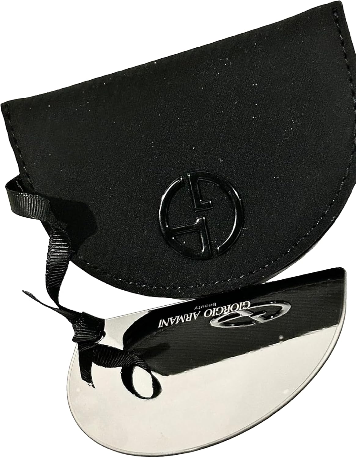 GIORGIO ARMANI Small Black Beauty Mirror Curved/Half Moon Compact Makeup Fashion Mirror Travel Size (4" L x 2.5" H) - 2338