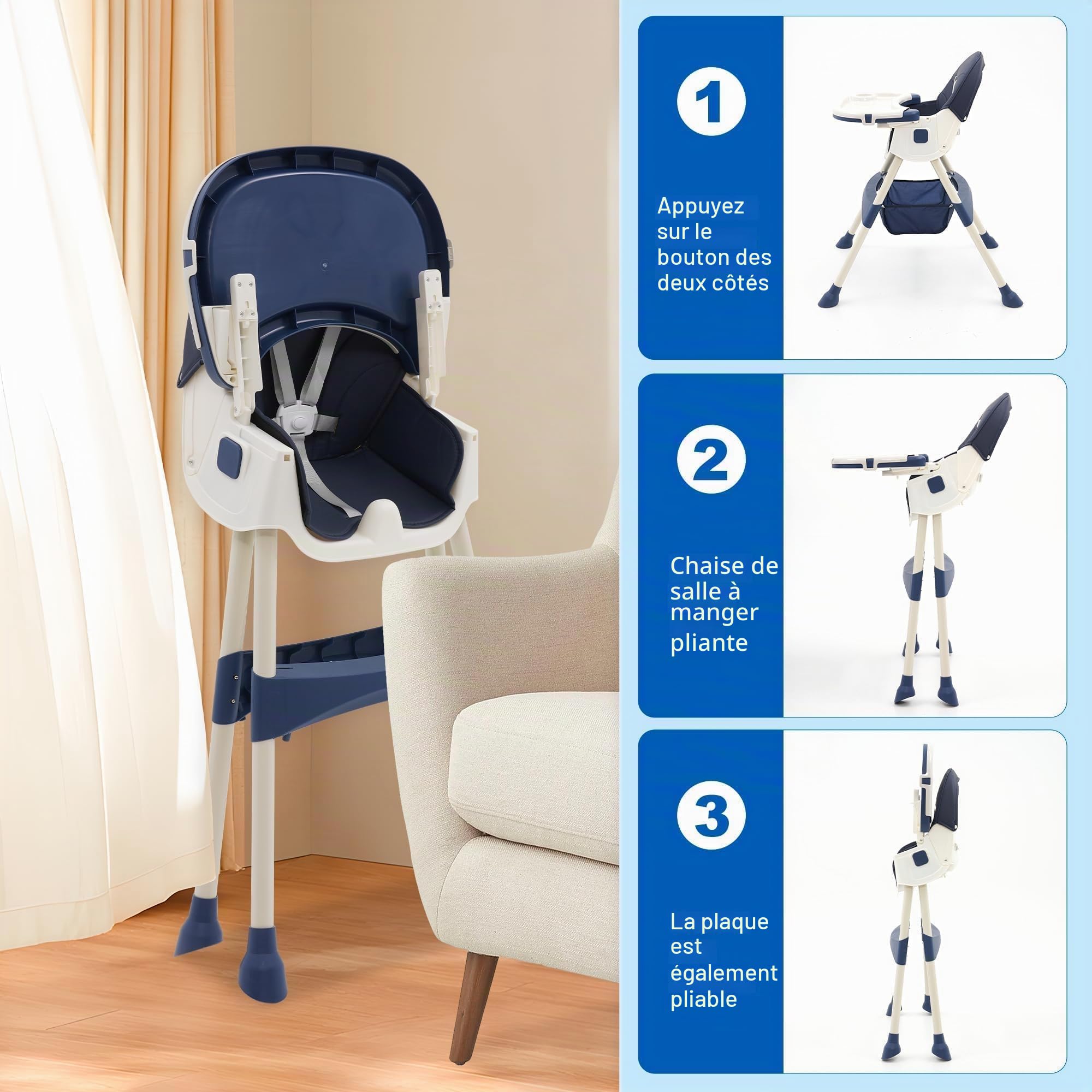 Chaise Haute bébé Evolutive Pliable Chaise Haute Inclinable Enfant Chaise Reglable Hauteur avec Roue Verrouillable et Double Plateau, 4 Angles d'Inclinaison, de 6+ Mois (Bleu)