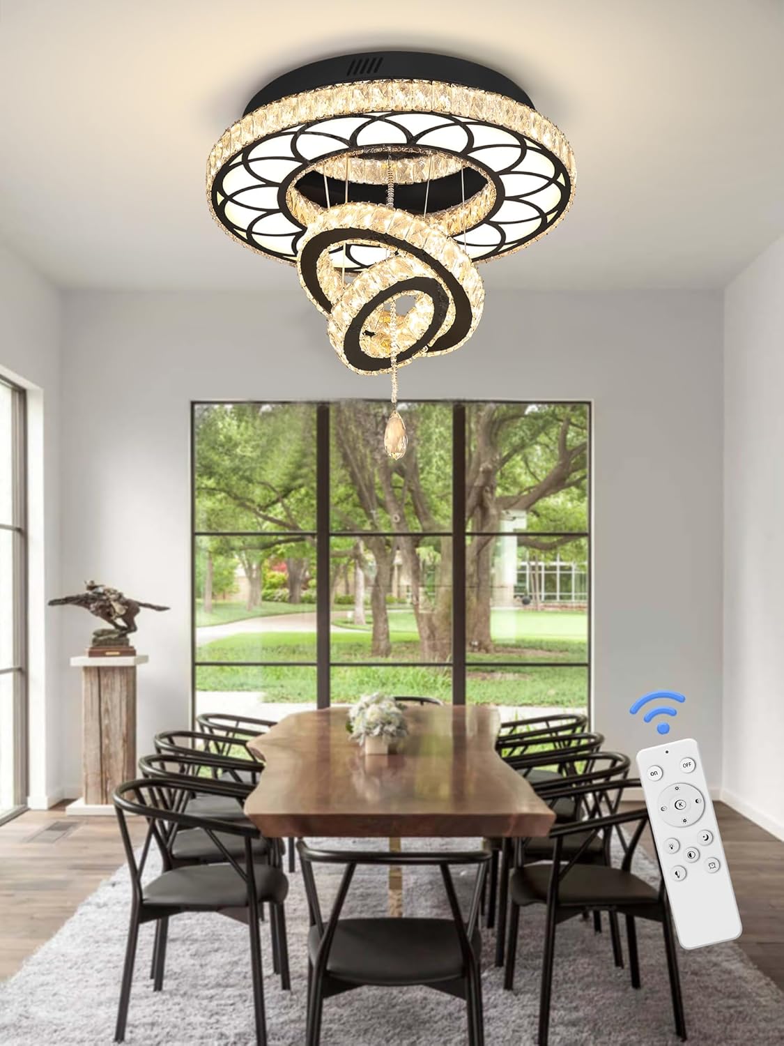 Flashing God Dia 20" Crystal Chandelier Crystal Black Ceiling Light Fixtures LED Flush Mount Ceiling Light for Living Room Bedrooms Dining Room Dimmable 2700k 4500k 6000k Black W:20inches