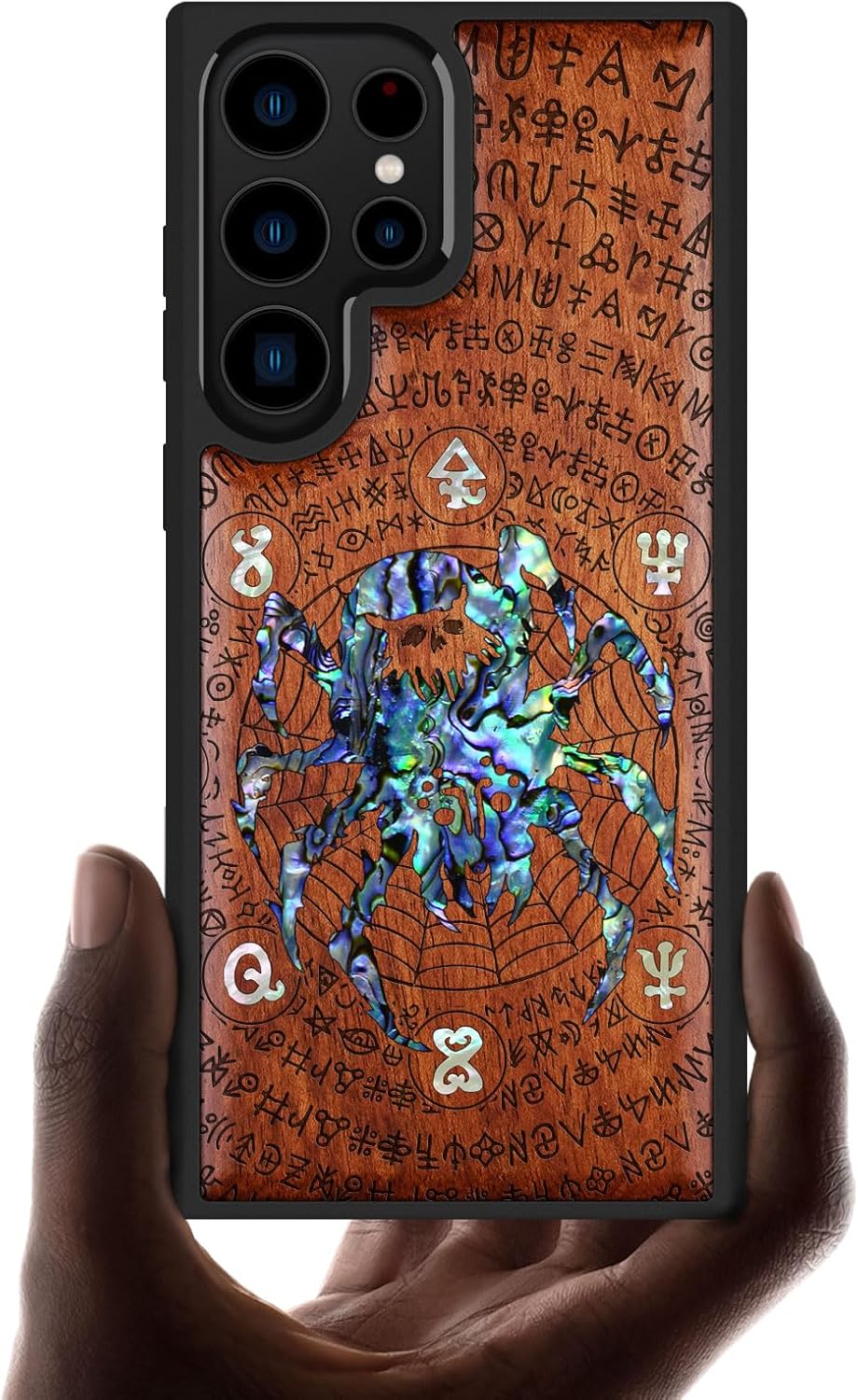 Carveit Designer Wooden Case for Samsung Galaxy S23 Ultra Cover [Wood Engraving & Shell Inlay] Compatible with Wireless Chargers S23 Ultra Case (Cephalopod's Nocturne-Walnut)