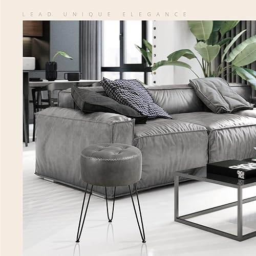 Miniatura 3 de LUE BONA Faux Leather Vanity Stool Chair for Makeup Room, Grey Stool for Vanity, 19 Height, Tufted Small Vanity Chair Stool with Metal Legs, Modern