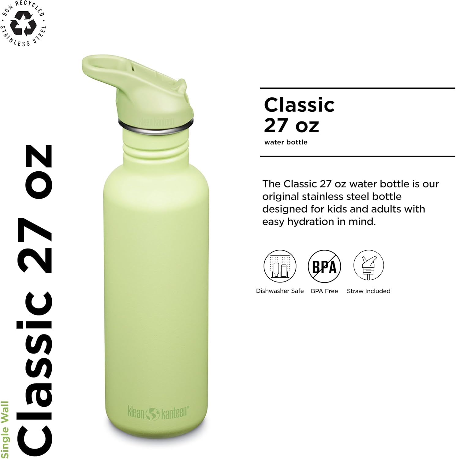 Klean Kanteen 27 oz Classic Water Bottle with Flip Seal Sport Cap & Straw - 100% Leakproof Spout & Cap - Durable, BPA-Free & Stainless Steel Material - Easy-Sip Water Bottle - Shadow Lime - Image 2